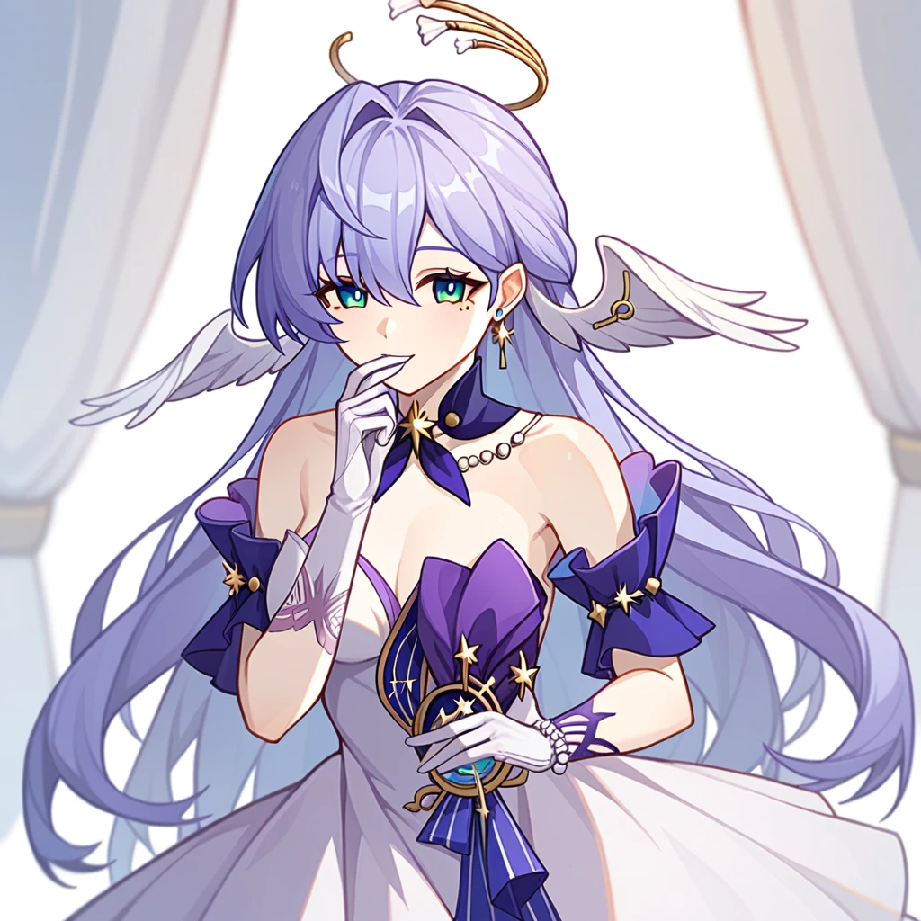 1girl, robin_\(honkai:_star_rail\), bare_shoulders, head_wings, white_dress, white_gloves, detached_sleeves, short_sleeves, aqua_eyes, long_hair, halo, purple_dress, hair_between_eyes, earrings, purple_hair