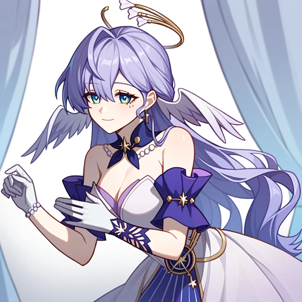 1girl, robin_\(honkai:_star_rail\), bare_shoulders, head_wings, white_dress, white_gloves, detached_sleeves, short_sleeves, aqua_eyes, long_hair, halo, purple_dress, hair_between_eyes, earrings, purple_hair