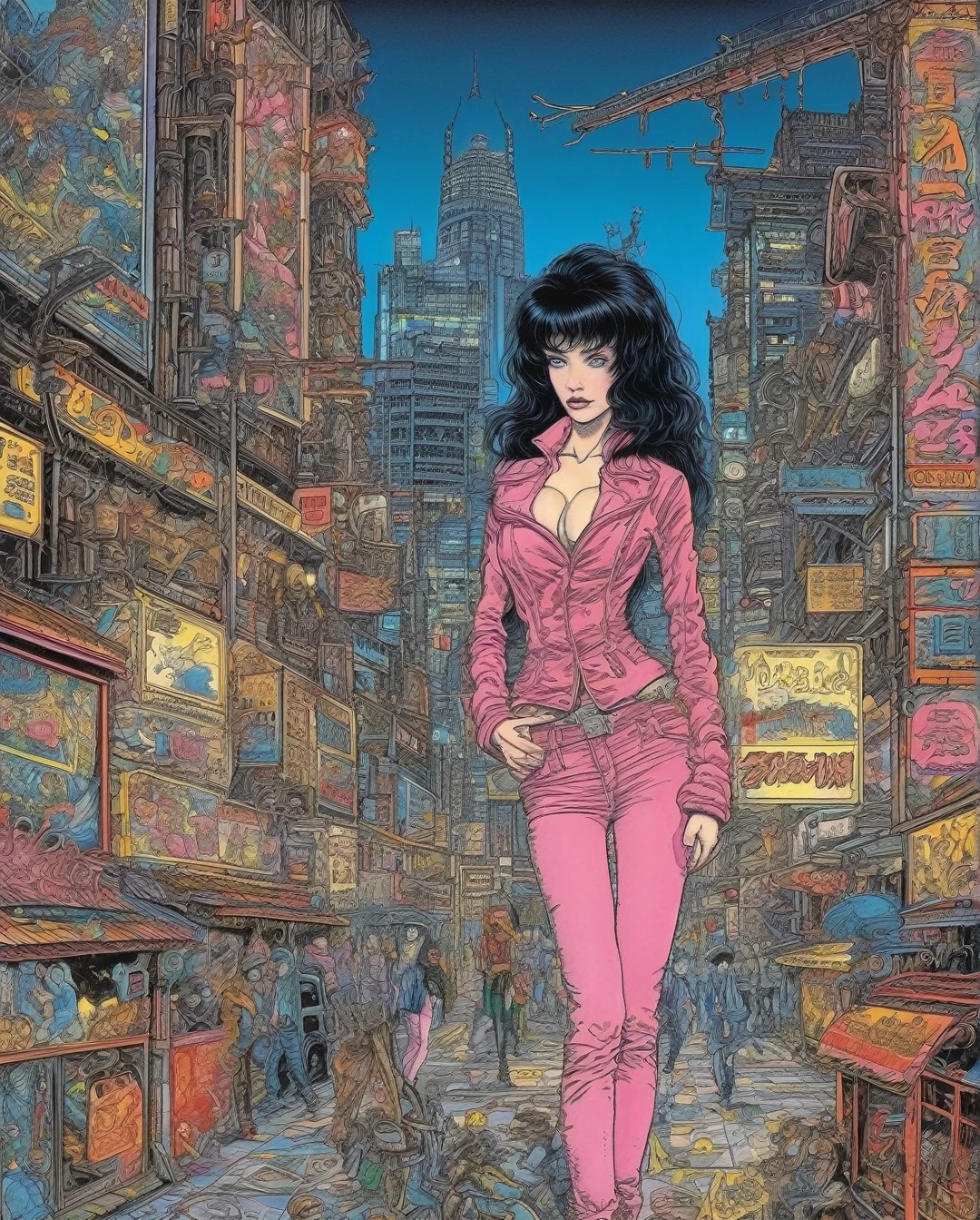 gothic Black jeans and pink jacket ,sexy girl with black hair blue eyes and , in the background Japanese city at night,next to a  shop ((by Philippe Druillet)) 