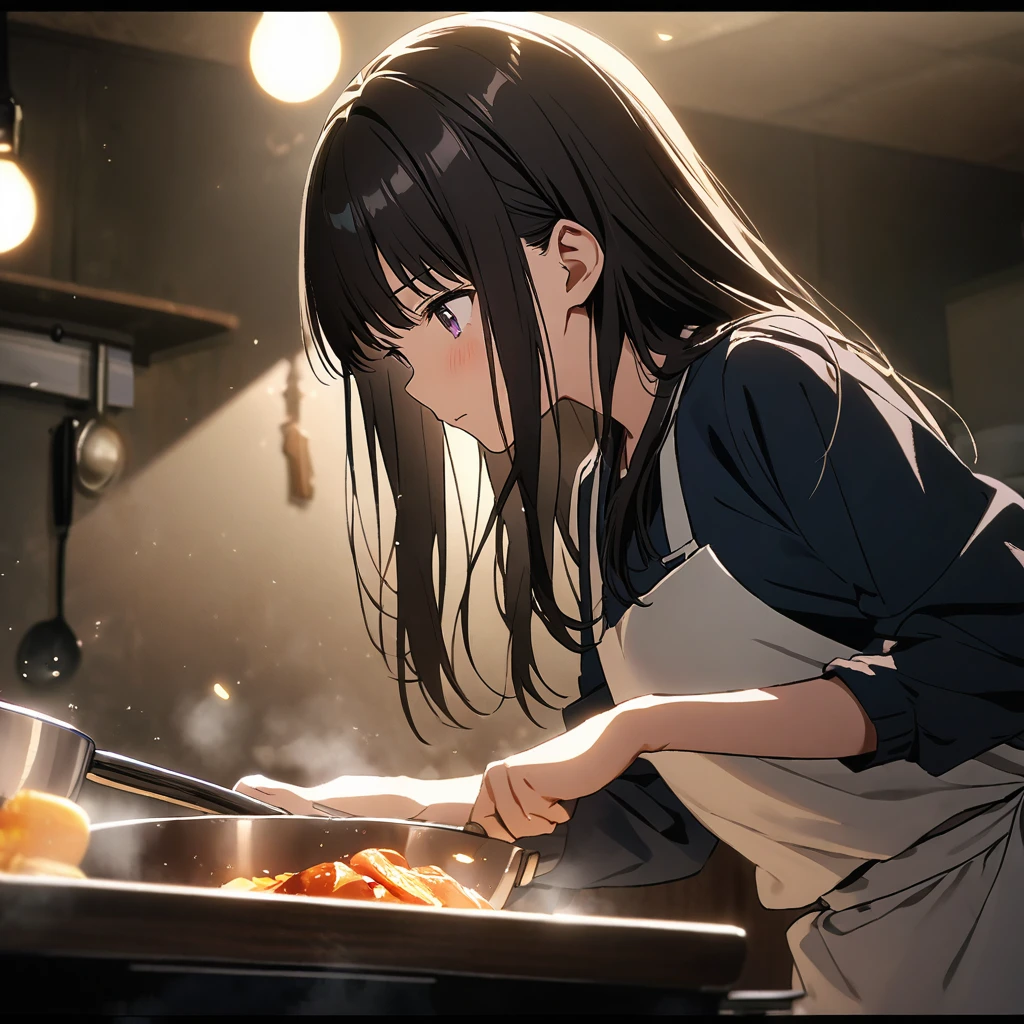 cooking, ( inoue takina, ), (cinematic lighting), 