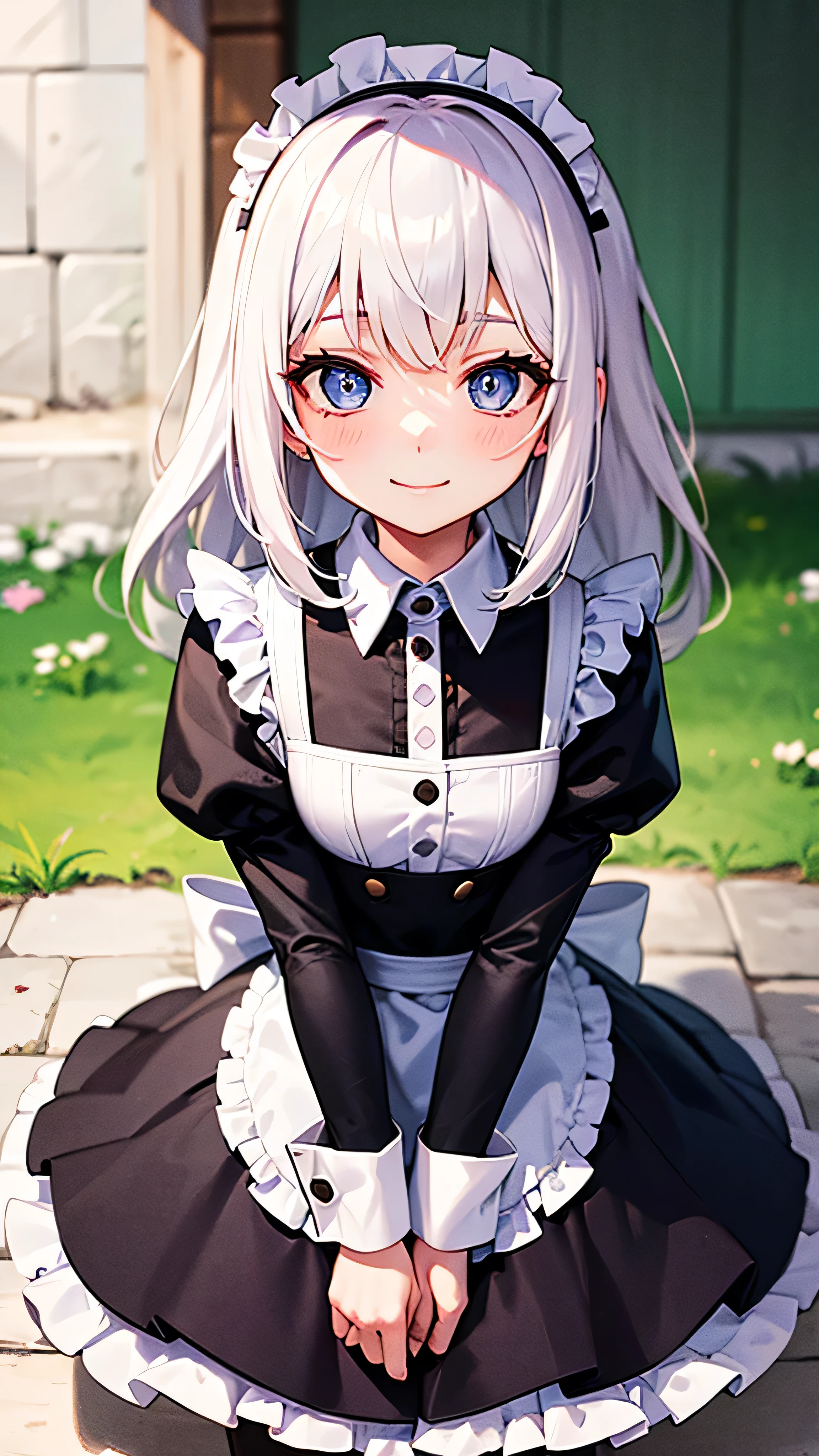 A girl with white hair with pink , blue eyes , tender look , girl suit {{Kind of Maid}} {{Little girl}} hair neither so short nor so long , passive smile