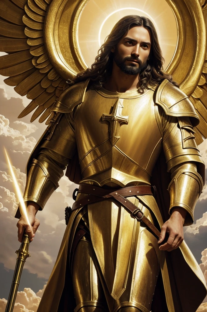 Jesus taking the planet in his hands angels around with golden clothing and very fine details medieval war weapons with a futuristic touch in the clouds