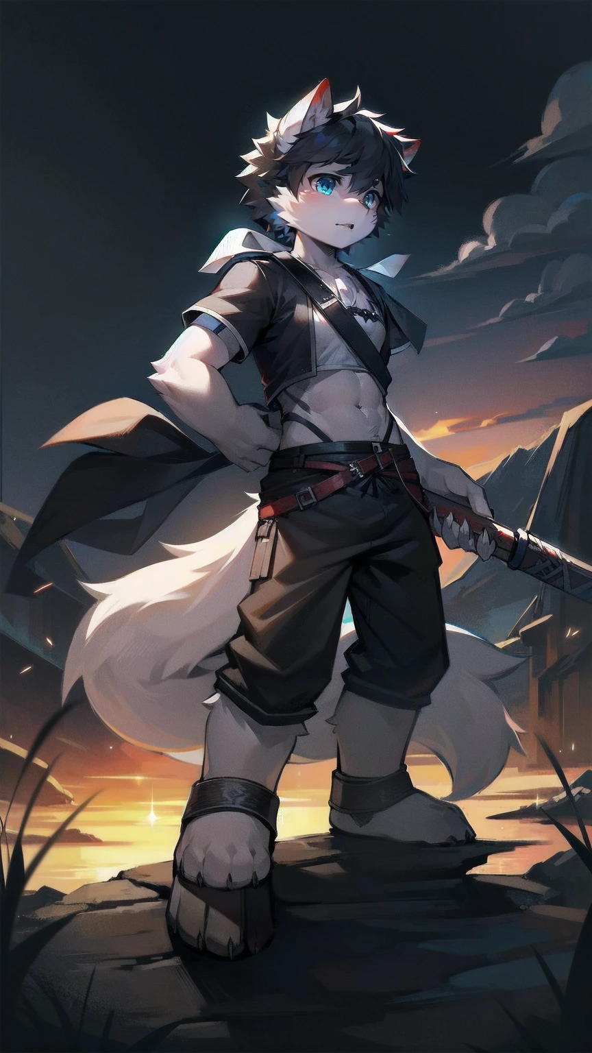 White Wolf,black hair,Sky blue eyes,hairy,Wolf ears,Wolf tail,Full body portrait,The character is in the center of the frame,Handsome,Confident eye***but,juvenile,Black and white combat uniform,Red neck bib,Black shorts,Short sleeve,hairy arms and legs,Dark background,Dark battlefield,dawn,sunrise,dawn,illumination,shadow,Swordsman,Scabbard and Hold the hilt of a in your hand,The scabbard is at the waist,Highest quality