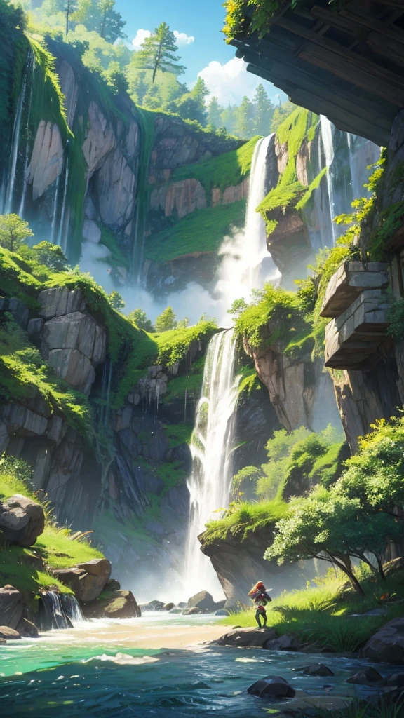 Pokemon with a tamer and green landscape with waterfall and a dragon flew