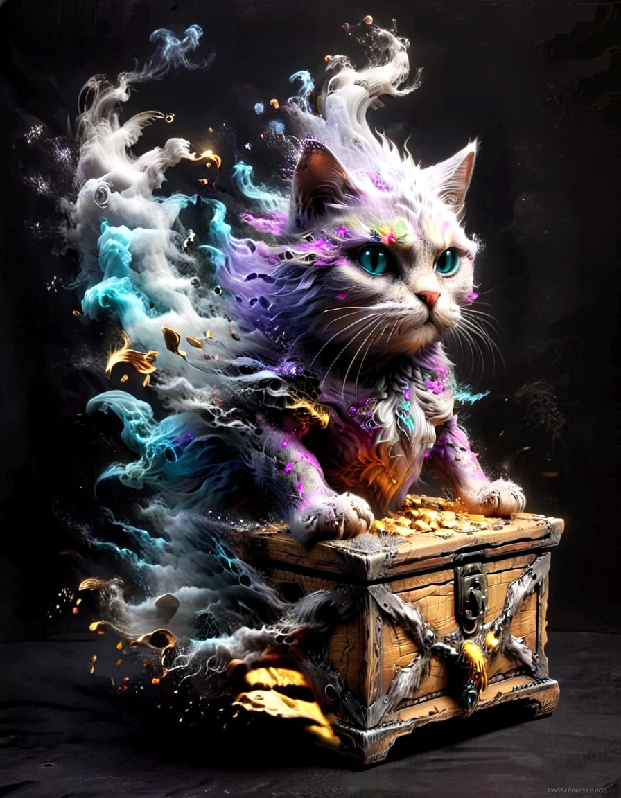 (Gold treasure chest giant cat monster fused together)，The Smoke Monster，fantasy，myth