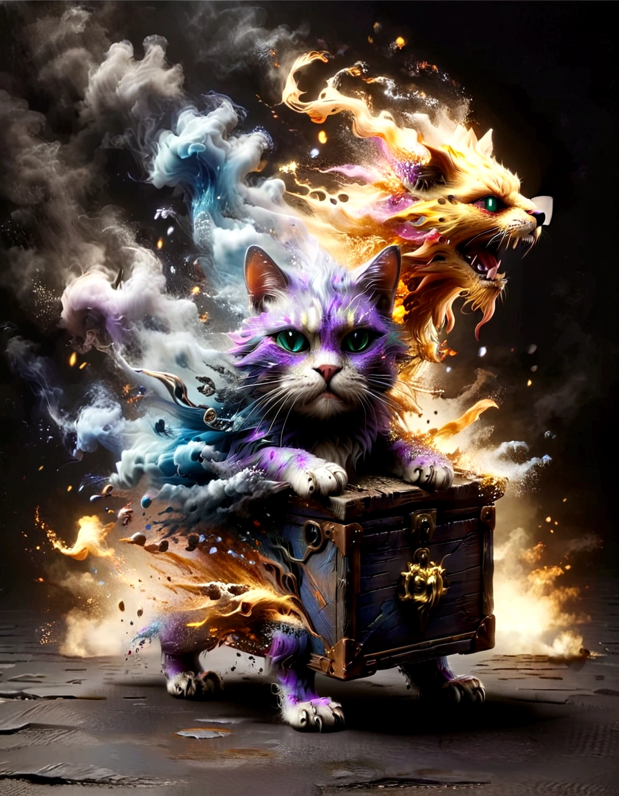 (Gold treasure chest giant cat monster fused together)，The Smoke Monster，fantasy，myth