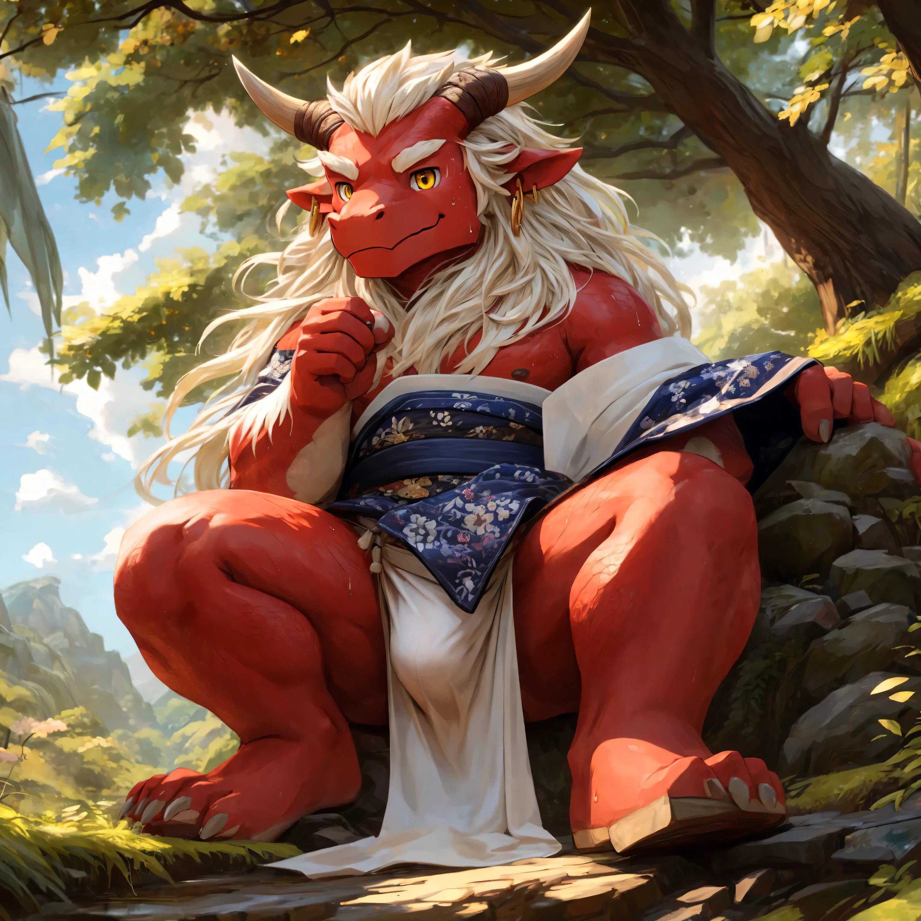 ultra-detailed, masterpiece, masterwork, high quality, best quality, hdr, (nature, japanese style), nsfw, male, solo, chibi, dragon, ((bare yukata, bulge loincloth, white loincloth)), (little red body minotaur), (white chubby body), (long golden hair, yellow eyes, cool eyes), sitting, dynamic angle, earrings, sweat