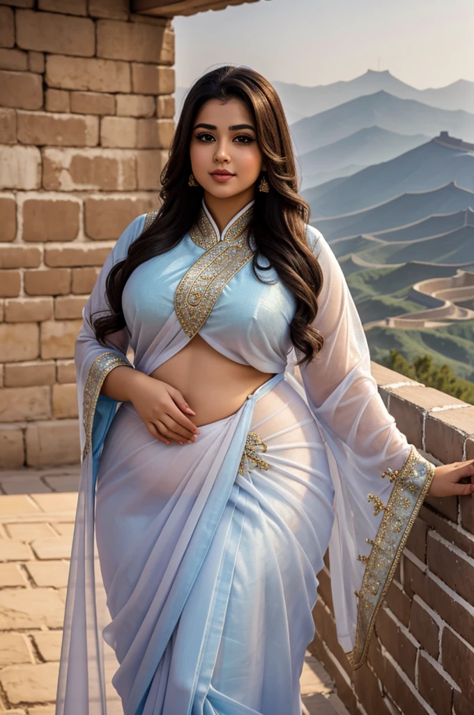 1 Heavenly beautiful and goddess beauty cute and sweet looking face Arabian female in front of Great Wall of China, Heavenly beautiful Overweight, Heavenly beautiful Extremely fat, Heavenly beautiful and attractive Chubby figure , Heavenly beautiful looking and eye catching luxury style elegant saree , reaching out, Heavenly beautiful Arabian woman, 16k, High resolution, masterpiece, highest quality, fine skin, outside view, Realistic Photograph