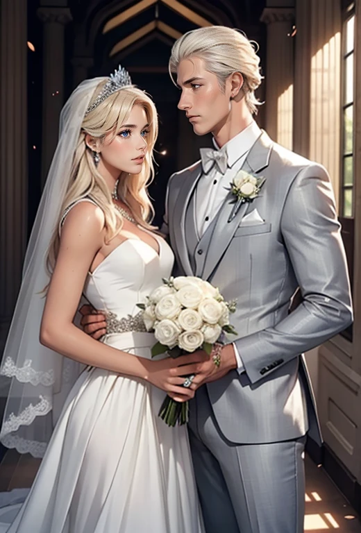 A tall, handsome, statuesque, courageous young man (platinum blonde, tanned skin, blue eyes, long straight platinum hair, luxurious wedding tuxedo) holds his bride in his arms (an incredibly beautiful young femme fatale blonde with long golden hair) she is wearing a luxurious chic wedding dress, jewelry, a beautiful veil, a tiara. She holds the bride's bouquet in her hands. They are happy, in love with each other. In full growth. A beautiful ceremonial hall. Masterpiece, beautiful face, beautiful facial features, perfect image, realistic photos, full-length image, 8k, detailed image, extremely detailed illustration, a real masterpiece of the highest quality, with careful drawing. glow. In full growth.