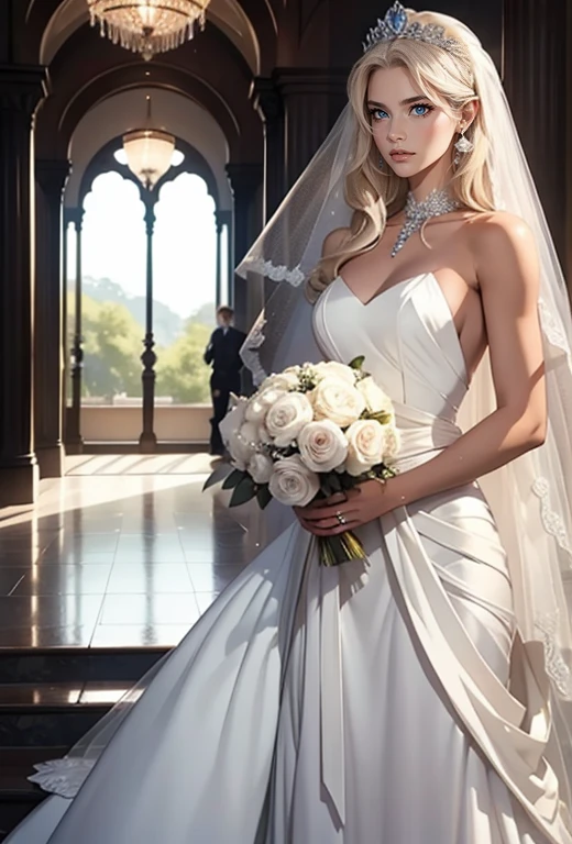 A tall, handsome, statuesque, courageous young man (platinum blonde, tanned skin, blue eyes, long straight platinum hair, luxurious wedding tuxedo) holds his bride in his arms (an incredibly beautiful young femme fatale blonde with long golden hair) she is wearing a luxurious chic wedding dress, jewelry, a beautiful veil, a tiara. She holds the bride's bouquet in her hands. They are happy, in love with each other. In full growth. A beautiful ceremonial hall. Masterpiece, beautiful face, beautiful facial features, perfect image, realistic photos, full-length image, 8k, detailed image, extremely detailed illustration, a real masterpiece of the highest quality, with careful drawing. glow. In full growth.