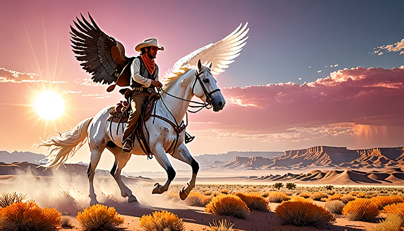 An awe-inspiring cinematic illustration of a lone cowboy riding a majestic white winged horse across the vast, sun-drenched desert plains. The cowboy, adorned with a weathered hat and worn-out leather attire, holds onto the reins with a determined grip. The horse, with its magnificent white wings spread wide, carries them both towards a horizon filled with promise and hope. The sky is painted with a blend of warm oranges and pinks, setting the stage for an emotional and heartfelt journey., cinematic, 3d render, photo, illustration
