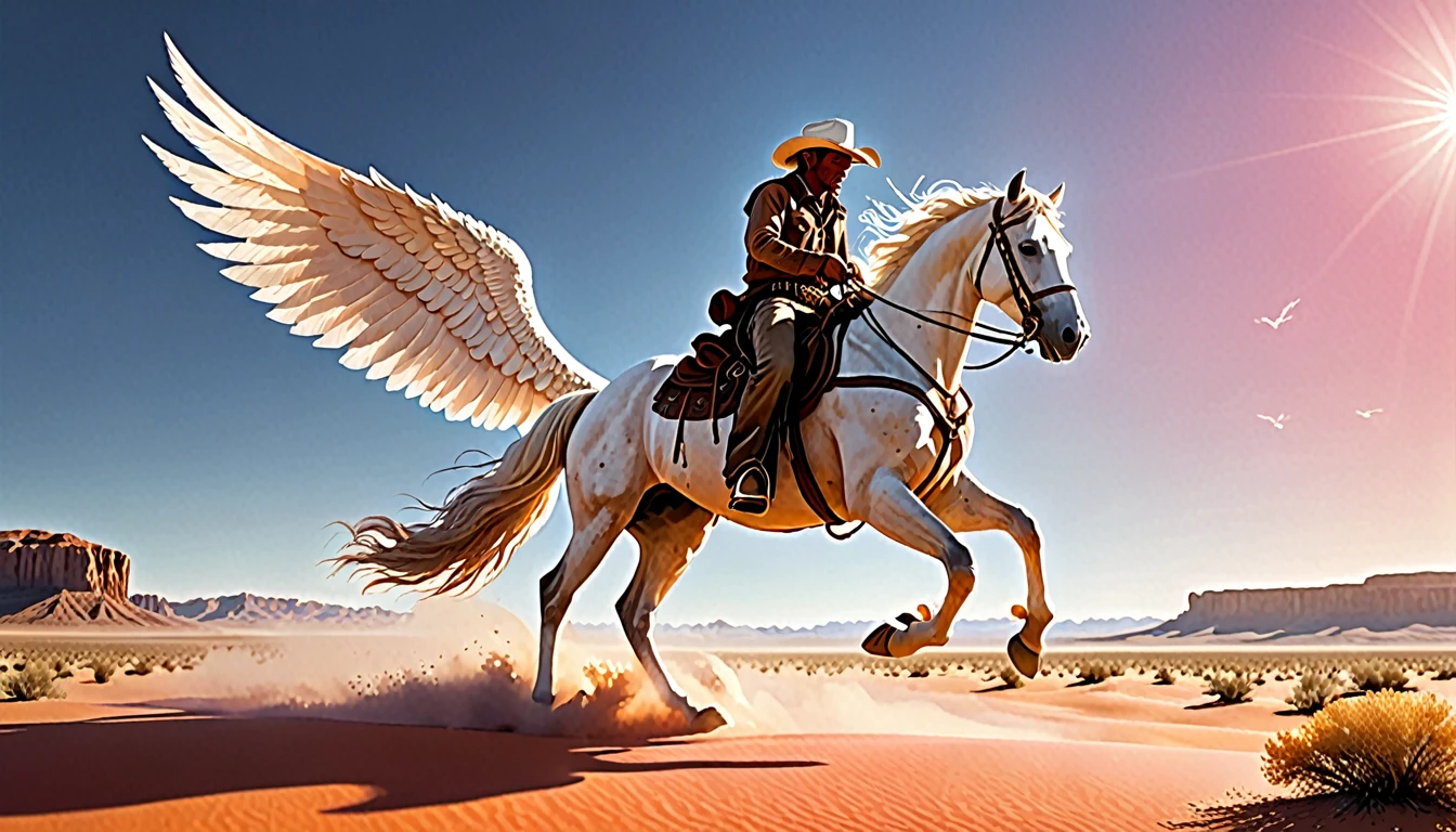 An awe-inspiring cinematic illustration of a lone cowboy riding a majestic white winged horse across the vast, sun-drenched desert plains. The cowboy, adorned with a weathered hat and worn-out leather attire, holds onto the reins with a determined grip. The horse, with its magnificent white wings spread wide, carries them both towards a horizon filled with promise and hope. The sky is painted with a blend of warm oranges and pinks, setting the stage for an emotional and heartfelt journey., cinematic, 3d render, photo, illustration