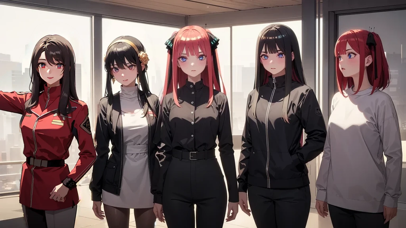 bangs,brown_hair, long_hair,red eyes,lipstick,makeup,
BREAK ((Official Outfit:1.5)),
BREAK Cyberpunk_CityView, Before Window, standing at attention,armpits,arm up,
BREAK (masterpiece:1.2), best quality, high resolution, unity 8k wallpaper, (illustration:0.8), (beautiful detailed eyes:1.6), extremely detailed face, perfect lighting, extremely detailed CG, (perfect hands, perfect anatomy),