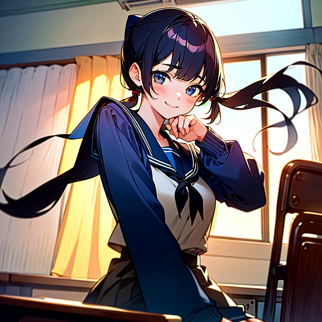 (best quality, masterpiece, high-resolution),
a girl, 15yo,
sitting on chair,
low pigtails, (low twin tails:1.2), black hair,
navy blue , sailor uniform,
school,
kyoushitsu, classroom, indoors, school chair, school desk, chalkboard, window, ceiling light, curtains,
front,
gentle smile,