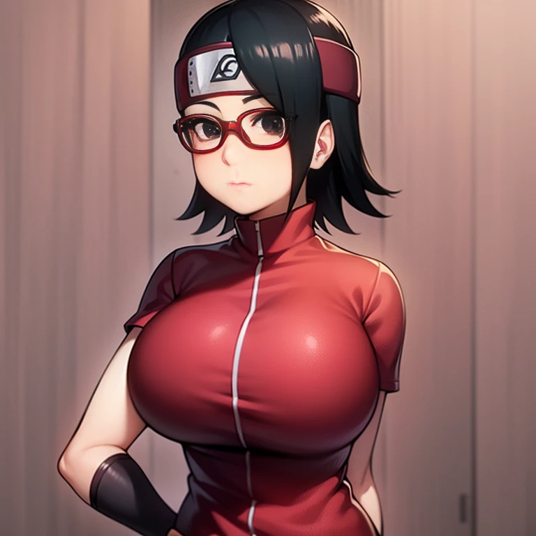 Sarada Uchiha, standing, back, tight shorts, huge ass, big breasts, short black hair, black eyes, forehead protector, bottom view, Sarada Uchiha looking at the viewer 