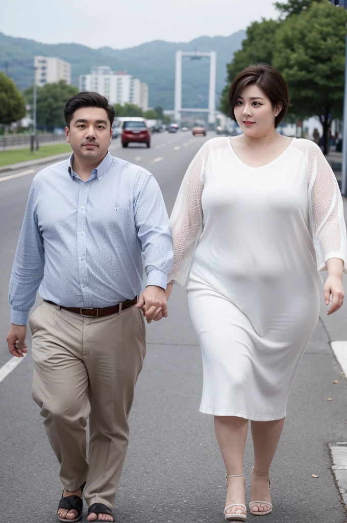 male and female couple. walking intimately. handsome man with white skin, thin, short hair. with a beautiful fat woman. white skin with long hair