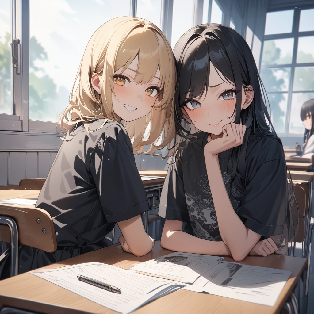(award winning, 8k, super detailed, high resolution, best quality) , photography, (two girls), girl on the left with blonde hair and smirk expression, girl on the right with black hair and (timid expression), (sitting side by side at desk), ((beautiful girls)), classroom, light from the window.