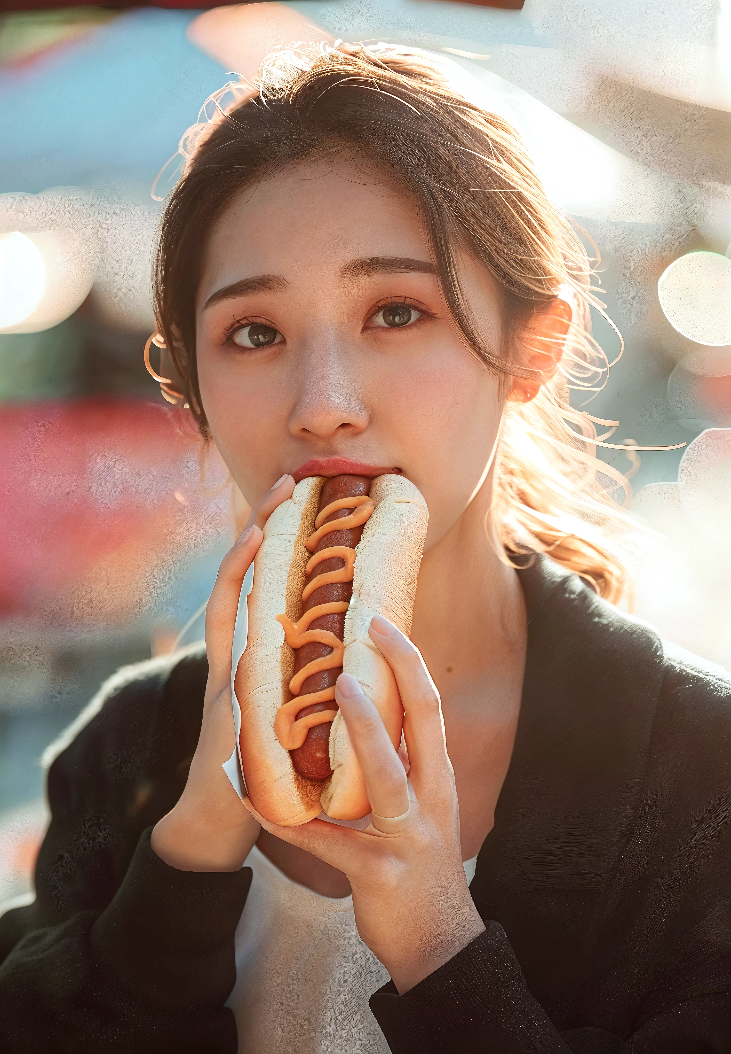 hot woman eating a hotdog