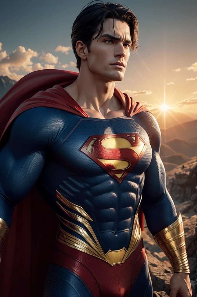 Superman and his son on top of a mountain, wearing a red cape, Facing the sun, cinematic, dramatic lighting, muscular figure, heroic pose, epic, highly detailed, realistic, photorealistic, 8K, hyper detailed, Intricate details, shadows and intense highlights, cinematic composition, dramatic color palette, golden hour lighting, volumetric lighting, glossy cover, awed expression, powerful presence
