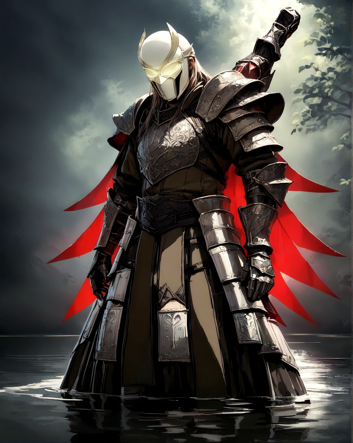 masterpiece, best quality, detailed background, wetland, (in water:1.5), 1 man, male, solo, mask, armor, gauntlets, full body, standing, dramatic lighting, atmospheric, cinematic, photorealistic, hyper detailed, fantasy, medieval, intricate details, moody, dramatic