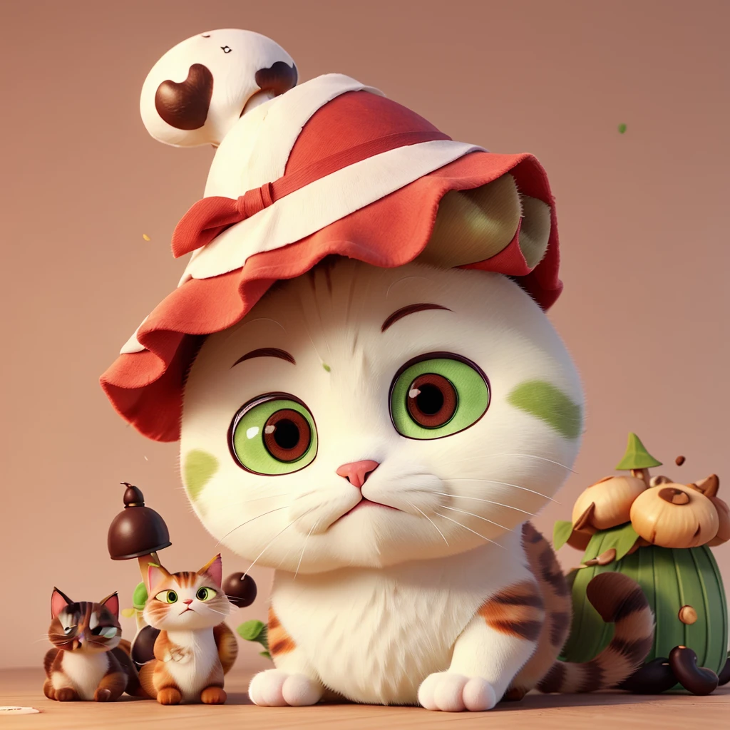 Matcha-colored cat after eating chocolate-colored poisonous mushrooms,Turned into a poisonous mushroom cat。 The head is covered with bean paste-red poisonous mushrooms like a hat.,But it doesn’t lose its original cat face。 Its body and legs are shaped like poisonous mushrooms,body becomes round,The legs also become shorter,But without losing the cat’s hair。 The eyes become too round and too,wine red。