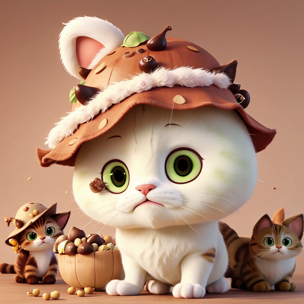 Matcha-colored cat after eating chocolate-colored poisonous mushrooms，Turned into a poisonous mushroom cat。 The head is covered with bean paste-red poisonous mushrooms like a hat.，But it doesn’t lose its original cat face。 Its body and legs are shaped like poisonous mushrooms，body becomes round，The legs also become shorter，But without losing the cat’s hair。 The eyes become too round and too，wine red。 