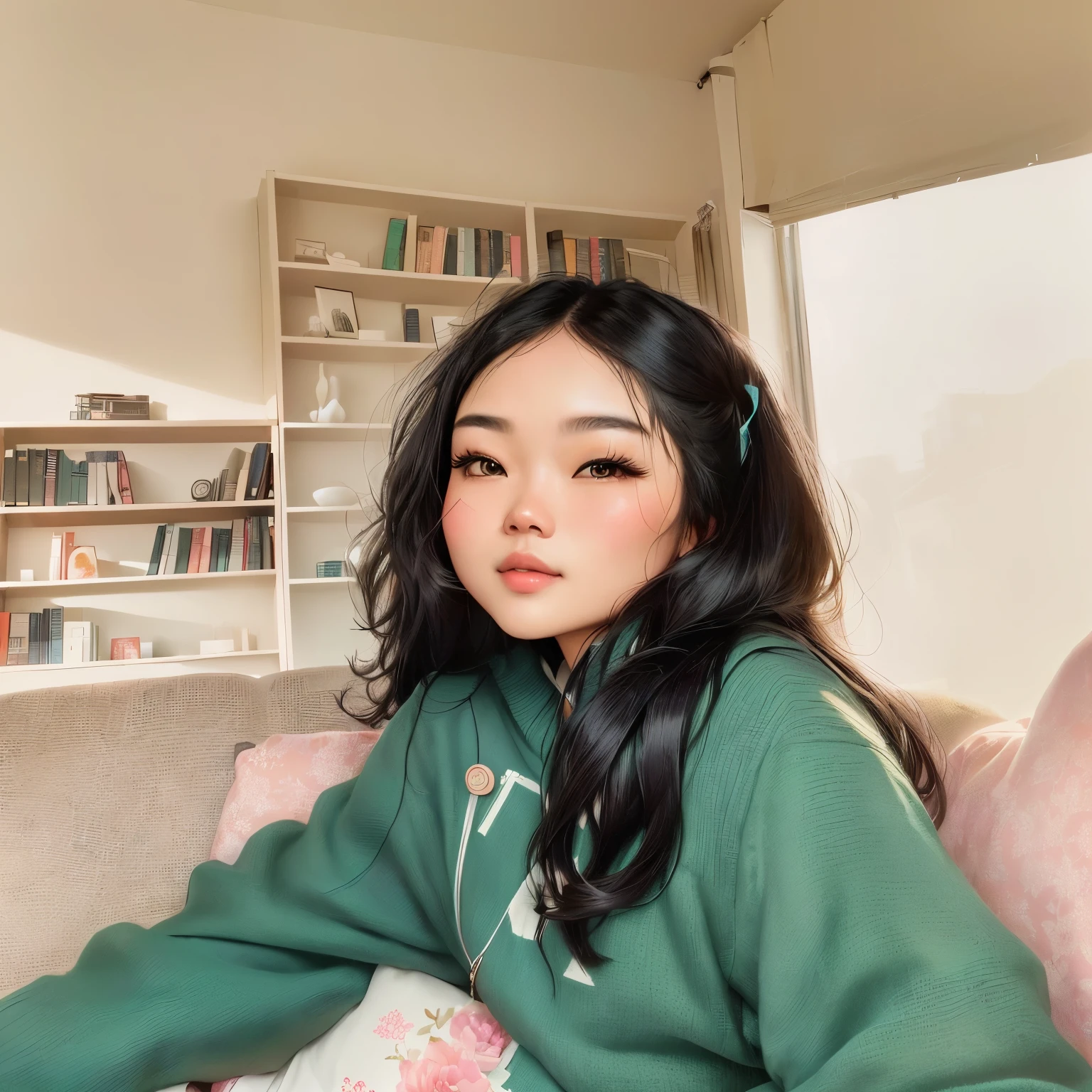 there is a woman sitting on a couch with a book in her hand, ruan cute vtuber, nivanh chanthara, south east asian with round face, mai anh tran, gemma chen, louise zhang, xision wu, headshot profile picture, with backdrop of natural light, 8k selfie photograph, xintong chen, lofi portrait