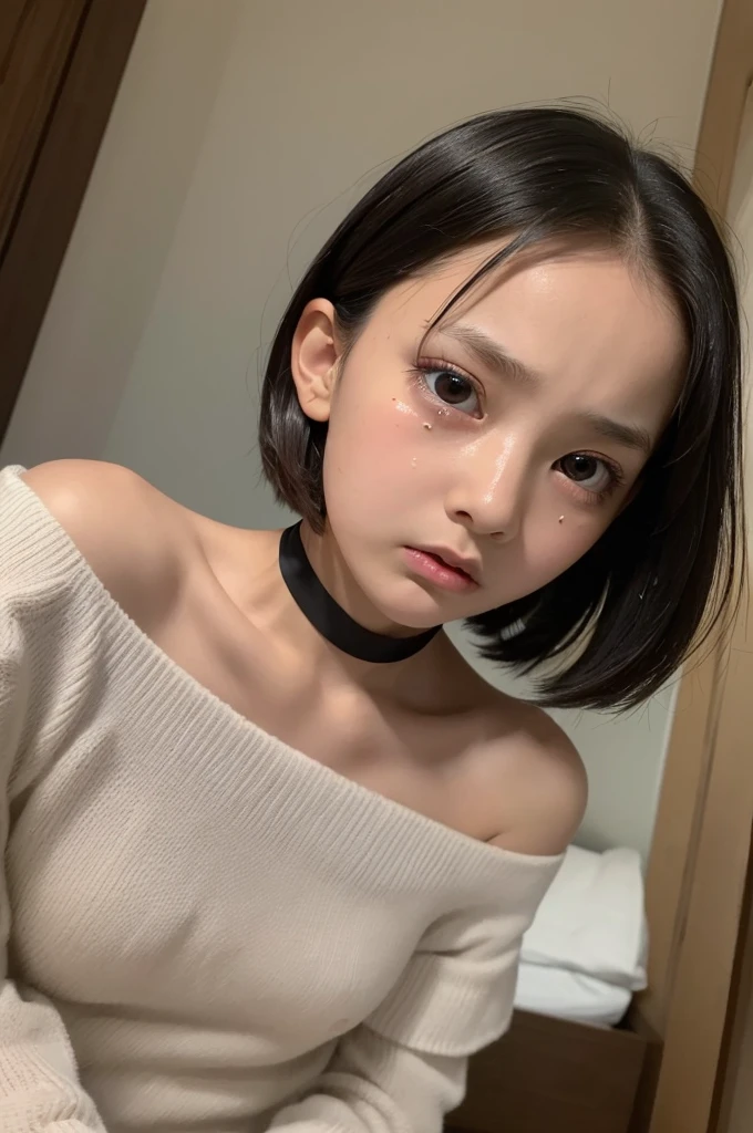 ((Highest quality)), ((masterpiece)), (detailed), Perfect Face, she is flat ,, small girl, Black Bob, forehead, ((Frightened expression)), (crying), ((Off the shoulder)), choker, ahegao, looking at viewer, looking up,((single eyelid)), arms behind back, leaning forward, front face, close up, kneeling, White underwear