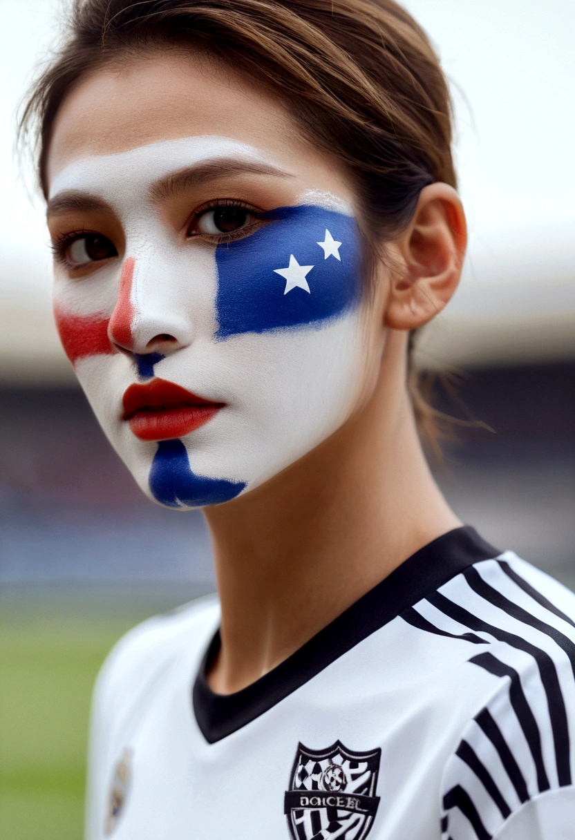 Wearing a replica uniform, Big breasted, fanatical soccer fan wearing face paint