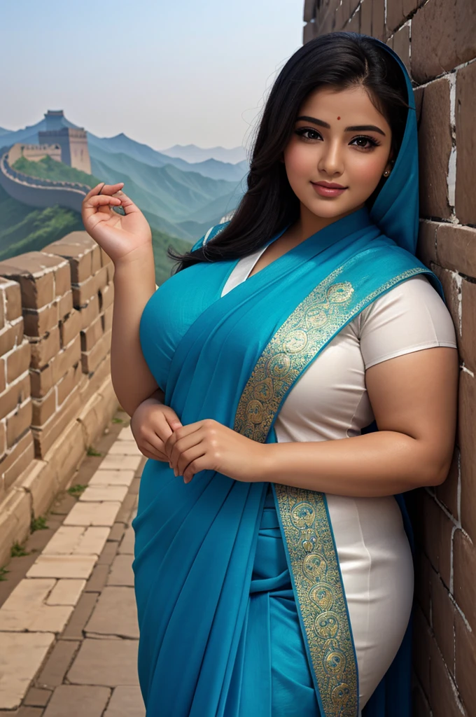 1 Heavenly beautiful and goddess beauty cute and sweet looking face Arabian female in front of Great Wall of China, Heavenly beautiful Overweight, Heavenly beautiful Extremely fat, Heavenly beautiful and attractive Chubby figure , Heavenly beautiful looking and eye catching luxury style elegant saree , reaching out, Heavenly beautiful Arabian woman, 16k, High resolution, masterpiece, highest quality, fine skin, outside view, Realistic Photograph