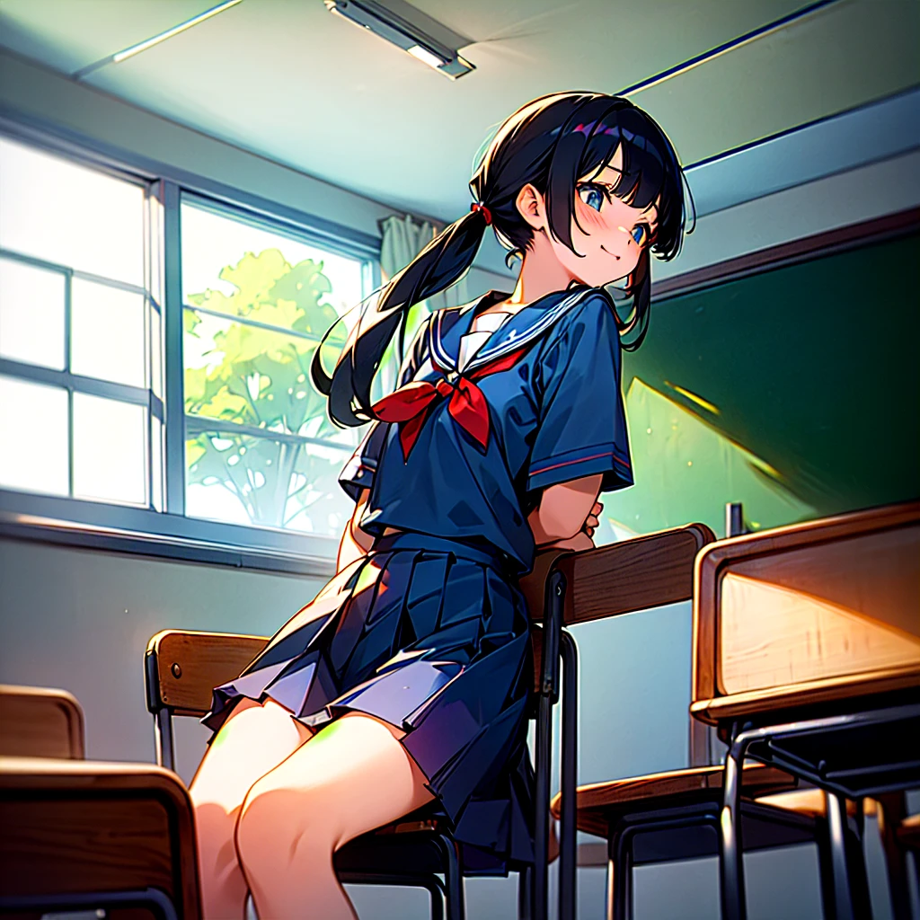 (best quality, masterpiece, high-resolution),
a girl, yo,
sitting on chair,
low pigtails, (low twin tails:1.2), black hair,
navy blue , sailor uniform,
school,
kyoushitsu, classroom, indoors, school chair, school desk, chalkboard, window, ceiling light, curtains,
front,
gentle smile,
