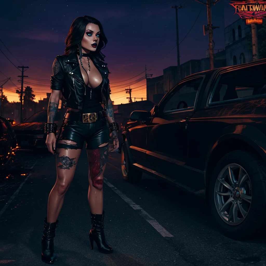 corpses, brass knuckles, The city was consumed by unrelenting flames, 26 year young woman, long red braided hair, green eyes, black lipstick, black eyeshadow, black eyeliner, detailed face, 4K UHD, wet skin, biker vest, nightlife, freeway, sweat body, elegance, femme fatale, completely tattooed body, nice big breasts, embossed jaw, full body, night, black leather Choker, black Leather jacket, Korsage, strong faith, fullbody goth tatooed, apokalypse, Zombies, Biker Girl, fighting against Zombies, torn leather shorts, dark heaven, city is on fire, apokalyptische Stadt, Machete in Hand, Overknies High heels, Sunset, standing between Zombies, Rubble city, underground, masterpiece, infalmmation town, sexy woman, perfect face, realistic, sexy eyes, hd, uhd, black smoke, the walking dead, weat skin, sunset, forest, perfect eyes, realistic eyes, tatooed body, a black wolf companion, realistic wolf, crashed cars, burnig cars, chains, Pirced Woman, dead bodies, black wolfs, Boyfriend on her side
