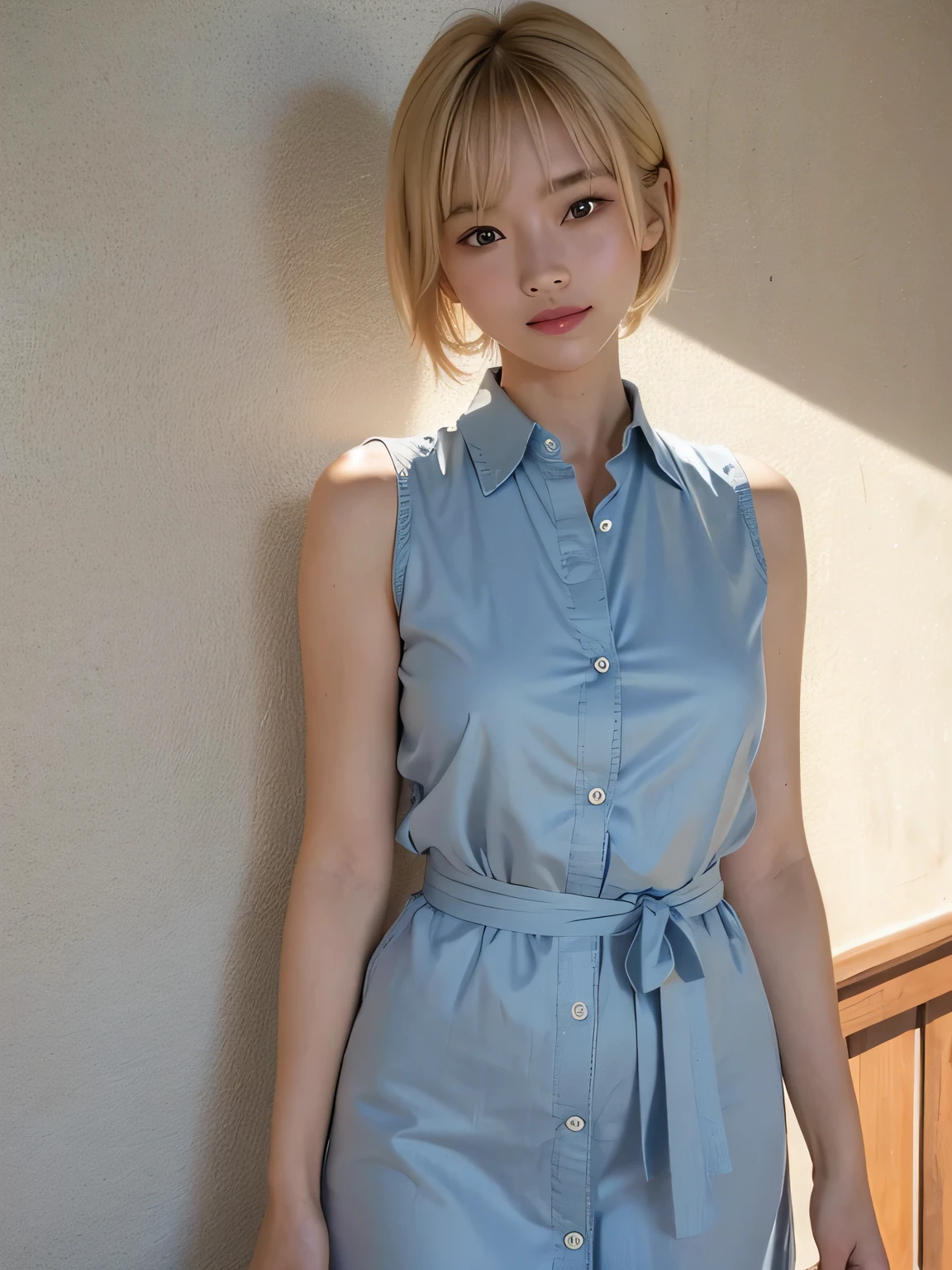 (Highest quality,masterpiece:1.3,Ultra-high resolution),(Very detailed、Caustics) (Realistic:1.4, RAW shooting、)Ultra-Realistic Capture、Very detailed、Natural skin texture、masterpiece、(Japanese woman wearing a sleeveless red button-down shirt dress:1.3), slender、Adorable expression、Expressions of happiness、14 years old、height: 160cm、Young Face、Amazingly cute、Blonde、Blonde、Short Bob Hair、Straight hair、Scrunchie、Black Hair、light makeup、Shapely small breasts、Shining thighs、Skin Arm、Background details、smile、An inviting gaze、Anatomically correct、Cowboy Shot、Attention to detail、Light blue wall、Empty Hands、I can see your thighs、sexy