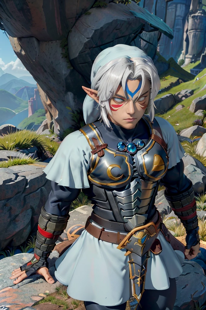 a muscular male figure wearing a white tunic, belt, Fingerless Gloves, und boots, , posing and looking at the viewer from above, surrounded by mountains and rocks, (best quality,4K,8K,highres,masterpiece:1.2),Ultra-detail,(realisti,photorealisti,photo-realisti:1.37),portrait,Fantasies,dramatic lighing,filmic, (((a muscular male figure))), STRONG FIGURE, breast out, powerful ,powerfule Aura, white glowing eyes, (((Flex your muscles))), garment: Unter der armor trägt er ein langes, weißes garment, that reaches down to the ankles. Das garment ist an den Rändern mit blauen und silbernen Mustern verziert., boots: Seine boots sind schwer und robust, passend zur armor, and reach to the knees. They are also decorated with the same mystical symbols.armor: Er trägt eine beeindruckende armor, which is mainly in blue and white. Die armor hat eine antike, but still robust aesthetics, with sharp and clear lines. Mystical symbols are engraved above the breastplate and shoulders.balck hair: Sein balck hair ist weiß und etwas länger als die Schultern, smooth and flowing.Face and eyes: His face is serious and determined, with bright white eyes, that radiate a supernatural power.((Height and stature: Fierce Deity Link is tall and muscular, with an imposing and powerful presence.)) ((Sword: He holds a gigantic, zweihändiges Sword namens „Fierce Deity's Sword“. Das Sword hat eine breite Klinge mit einer blauen Schimmerung und ist mit mystischen Symbolen und Runen versehen. It has a double blade, which is sharp at both ends.))