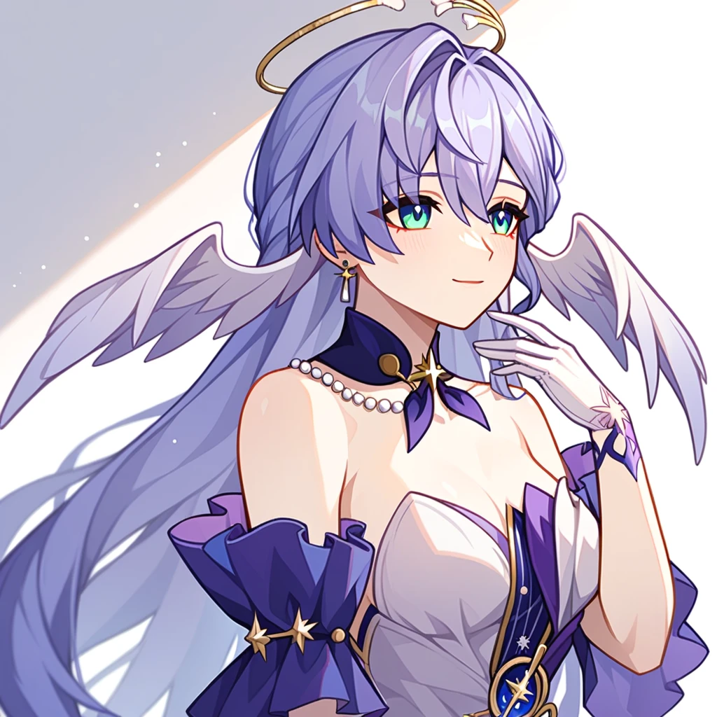 1girl, robin_\(honkai:_star_rail\), bare_shoulders, head_wings, white_dress, white_gloves, detached_sleeves, short_sleeves, aqua_eyes, long_hair, halo, purple_dress, hair_between_eyes, earrings, purple_hair