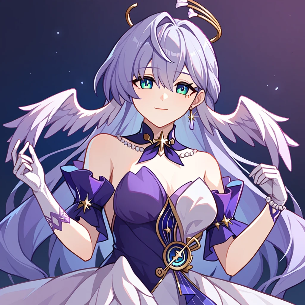 1girl, robin_\(honkai:_star_rail\), bare_shoulders, head_wings, white_dress, white_gloves, detached_sleeves, short_sleeves, aqua_eyes, long_hair, halo, purple_dress, hair_between_eyes, earrings, purple_hair
