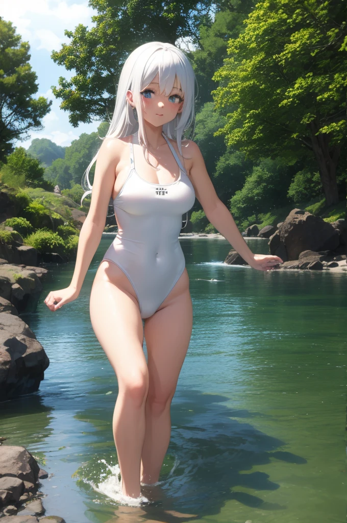 Cute girl white hair swimsuit wet