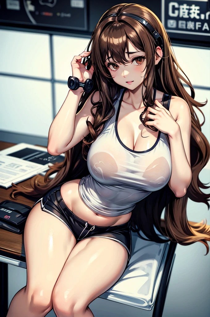 long curly brown hair, brown eyes, sitting at desk, gamer headset, gamer phone, pale skin, thick thighs, tank top, shorts, big chest, up close