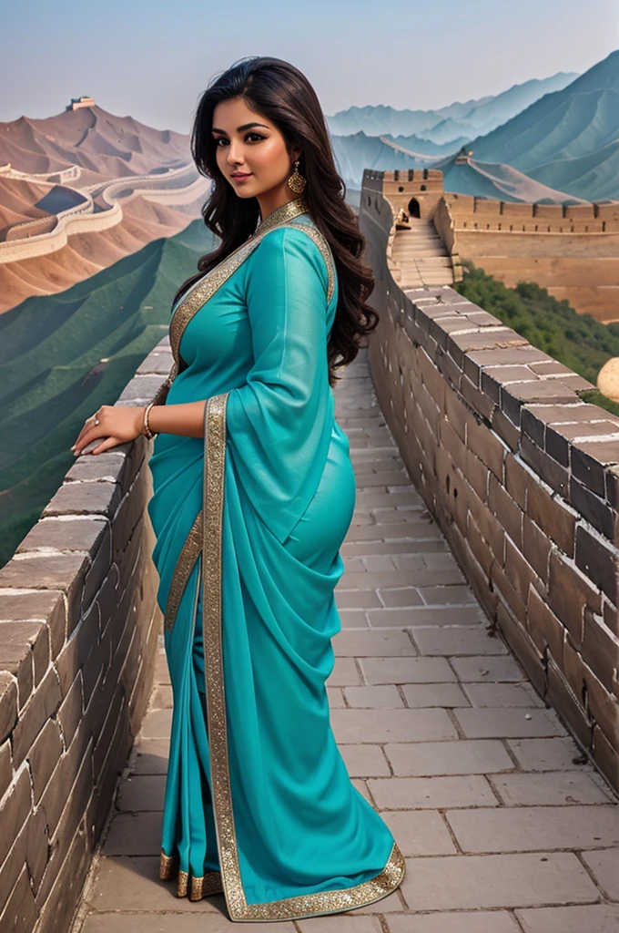 1 Heavenly beautiful and goddess beauty cute and sweet looking face Arabian female in front of Great Wall of China, Heavenly beautiful Overweight, Heavenly beautiful Extremely fat, Heavenly beautiful and attractive Chubby figure , Heavenly beautiful looking and eye catching luxury style elegant saree , reaching out, Heavenly beautiful Arabian woman, 16k, High resolution, masterpiece, highest quality, fine skin, outside view, Realistic Photograph