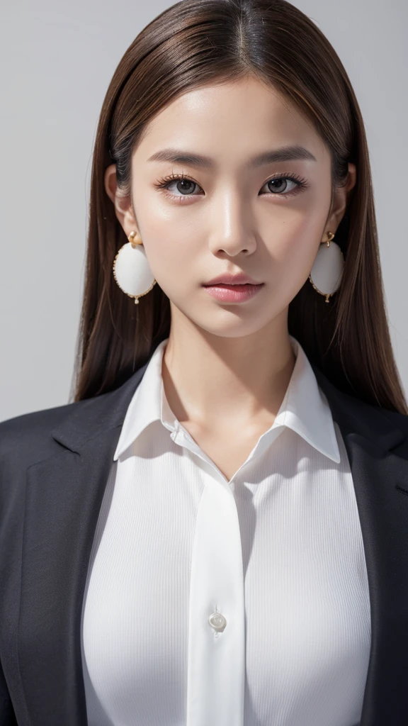 Beauty, Detailed facial features, Perfect figure, Elegant Japanese Goddess, Gorgeous Chinese Model, Realistic and vivid, Earrings, Fashionable and young々Shii, Solo Portrait, Close-up photography, Brown Hair, Highest quality, 4K, 8K, High definition, masterpiece, Super Detail, Vibrant close-up portrait in color, Studio Lighting, Physically Based Rendering, Sharp Focus, Professional photographer, Blonde, uniform, suit, Pull-up, White T-shirt