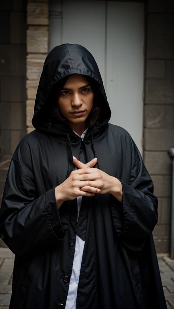 A hooded mage doing the sign of silence