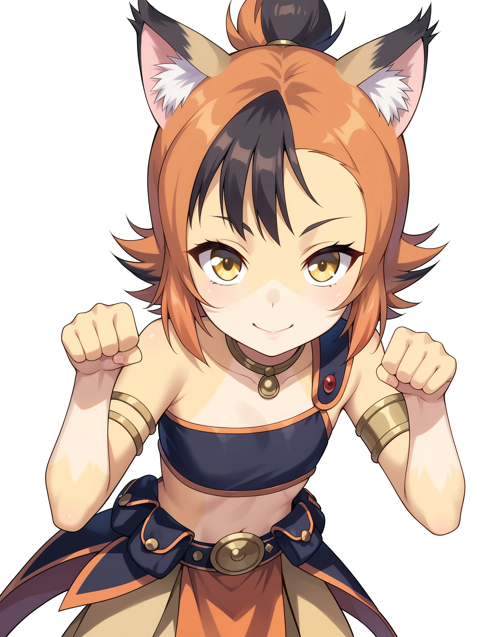 core_9, score_8_up, solo, BREAK, female ,  wilykit, girl, solo, brown hair, two-tone hair, multicolored hair, armlet, yellow eyes,  paw pose,  black hair, orange hair, animal ears, flat chest, white background, yellow skin,