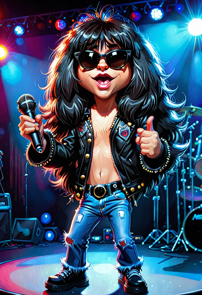 Cute kitten fluffy cartoon with very long hair black with bangs, singing with microphone in hand (black sunglasses with oval lenses) Ramone digital painting 3d cosplay Ramones pants jeans, All Star shoes in the background concert stage with several lights blue, isometric view, Cinematic, Hyperrealistic, Backlit, Extremely low angle, Highly detailed, scaled down, Unrealistic rendering, 16K