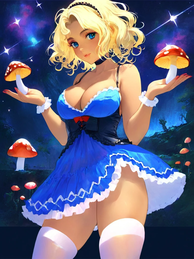 a beautiful 20 year old blonde woman with big messy hair in a blue dress, white stockings, black headband, cleavage, holding a glowing mushroom, fantasy art style, rossdraws cartoon vibrant, alice in wonderland cyberpunk, cute detailed digital art, colorfull digital fantasy art, digital fantasy art ), glossy digital painting, rossdraws pastel vibrant, rossdraws 2. 5, rossdraws 1. 0