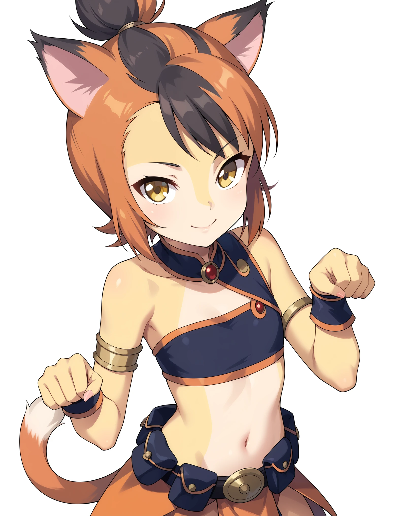 core_9, score_8_up, solo, BREAK, female ,  wilykit, girl, solo, brown hair, two-tone hair, multicolored hair, armlet, yellow eyes,  paw pose,  black hair, orange hair, animal ears, flat chest, white background, yellow skin,