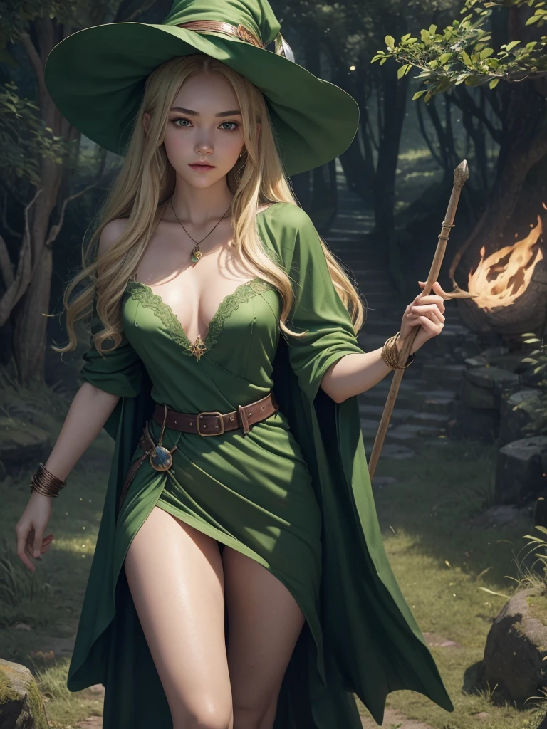 Young witch. 17 years old. Beautiful teenage face. A green witch in a fantasy setting with a blonde hair. Wearing a sexy green silky witch dress with cleavage. No pants. No bra. Green Emerald stone necklace. Witch hat. Bracelet. She is rather slim. Very small breasts. Small hips and long thin legs. White skin with. A narrow soft face. Soft round chin. A very long and big nose. Cute curved lips. Big upturned eyes. Very bright and barley visible eyebrows. Very very thin eyebrows. Long neck. Ambitious and Cunning personality. backgrounds: battlefield. Master of witchcraft. Carrying the Green witch staff. Fighting scene. dynamic pose. Full body image