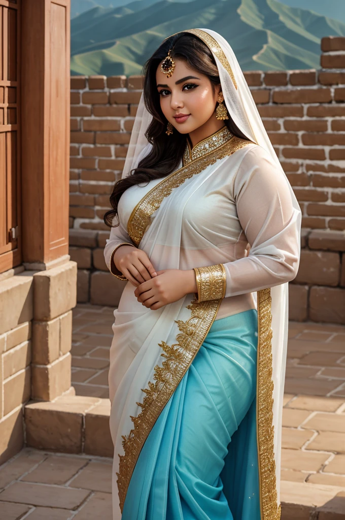 1 Heavenly beautiful and goddess beauty cute and sweet looking face Arabian female in front of Great Wall of China, Heavenly beautiful Overweight, Heavenly beautiful Extremely fat, Heavenly beautiful and attractive Chubby figure , Heavenly beautiful looking and eye catching luxury style elegant saree , reaching out, Heavenly beautiful Arabian woman, 16k, High resolution, masterpiece, highest quality, fine skin, outside view, Realistic Photograph