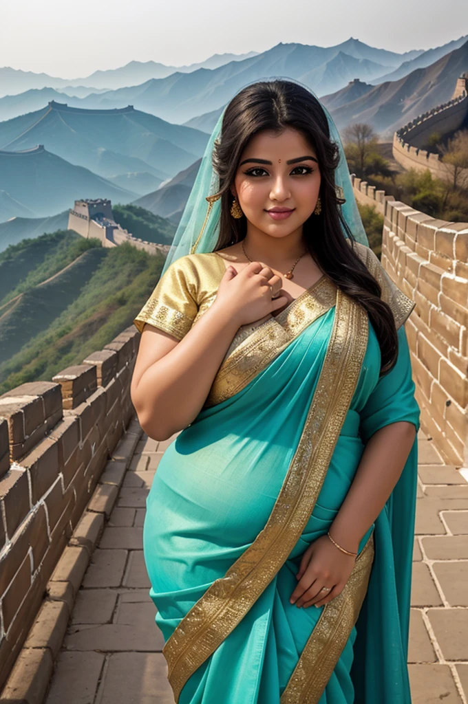 1 Heavenly beautiful and goddess beauty cute and sweet looking face Arabian female in front of Great Wall of China, Heavenly beautiful Overweight, Heavenly beautiful Extremely fat, Heavenly beautiful and attractive Chubby figure , Heavenly beautiful looking and eye catching luxury style elegant saree , reaching out, Heavenly beautiful Arabian woman, 16k, High resolution, masterpiece, highest quality, fine skin, outside view, Realistic Photograph