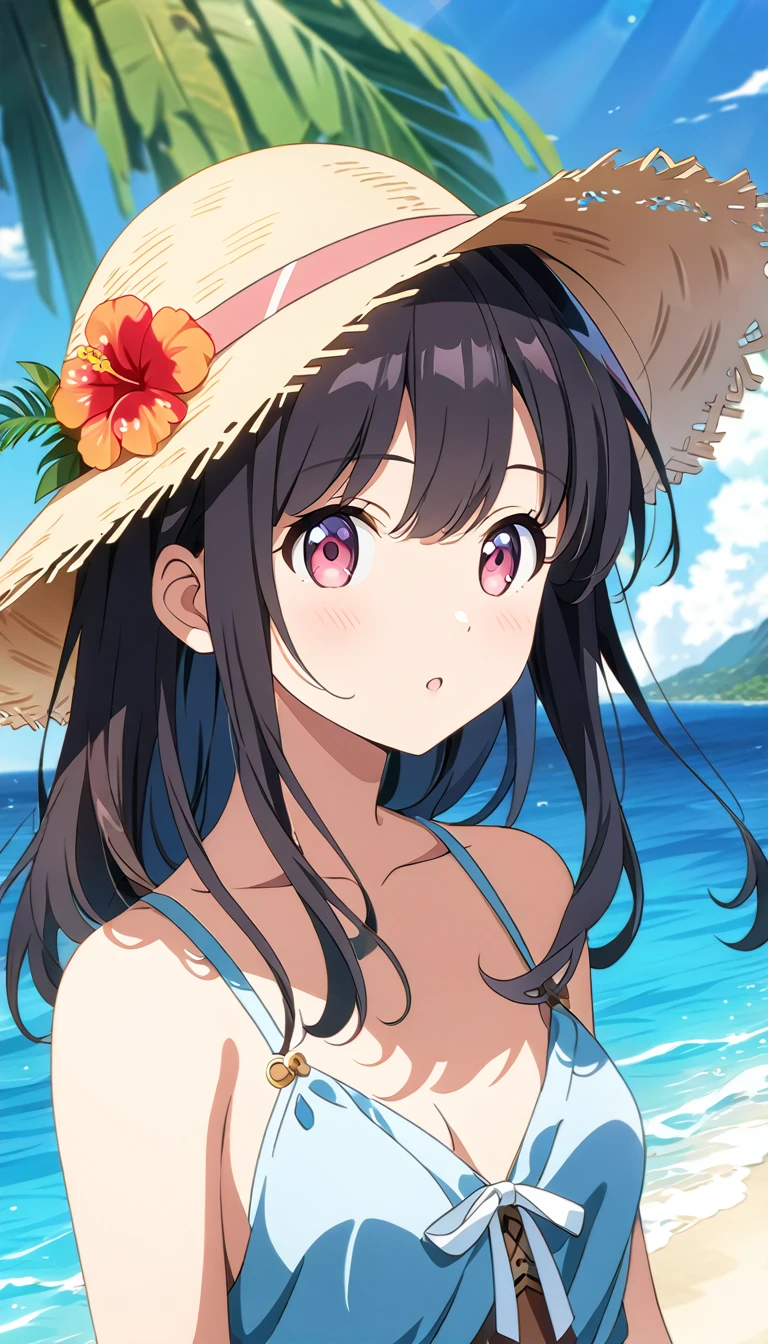 (masterpiece, Highest_quality), Very familiar with CG Unity 8K Wallpaper, wonderful_OK_shape, Break 1 Girl, Long black hair with a straw hat, Small breasts, (Glamorous look), Red eyes, Anime Style 4k, Beautiful anime portraits, Anime Moe Art Style, anime art wallpaper 4k, High quality anime art style, Anime style portrait, Familiar with digital animation art, Anime Art Wallpapers 8K, Cute Anime Girl Portrait, Hawaii Background, blue sea, Palm tree, sunlight, whole body, Breaking Depth of Field, Perfect hands, nice refer tos, 5_refer to, 4_refer to,1_親refer to,