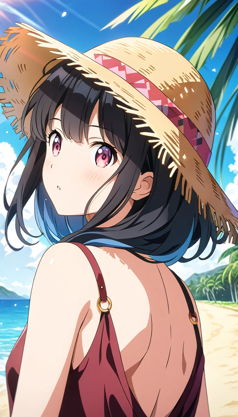 (masterpiece, Highest_quality), Very familiar with CG Unity 8K Wallpaper, wonderful_OK_shape, Break 1 Girl, Long black hair with a straw hat, Small breasts, (Glamorous look), Red eyes, Anime Style 4k, Beautiful anime portraits, Anime Moe Art Style, anime art wallpaper 4k, High quality anime art style, Anime style portrait, Familiar with digital animation art, Anime Art Wallpapers 8K, Cute Anime Girl Portrait, Hawaii Background, blue sea, Palm tree, sunlight, whole body, Breaking Depth of Field, Perfect hands, nice refer tos, 5_refer to, 4_refer to,1_親refer to,